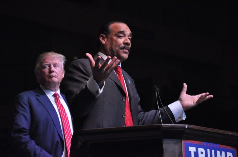 LESLIE ANNE GRAHAM Macon, GA 11/30/2015: Pastor Bruce endorses presidential candidate, Donald Trump, stating that he is "not a racist" at the Macon Centreplex on Monday, November 30, 2015.